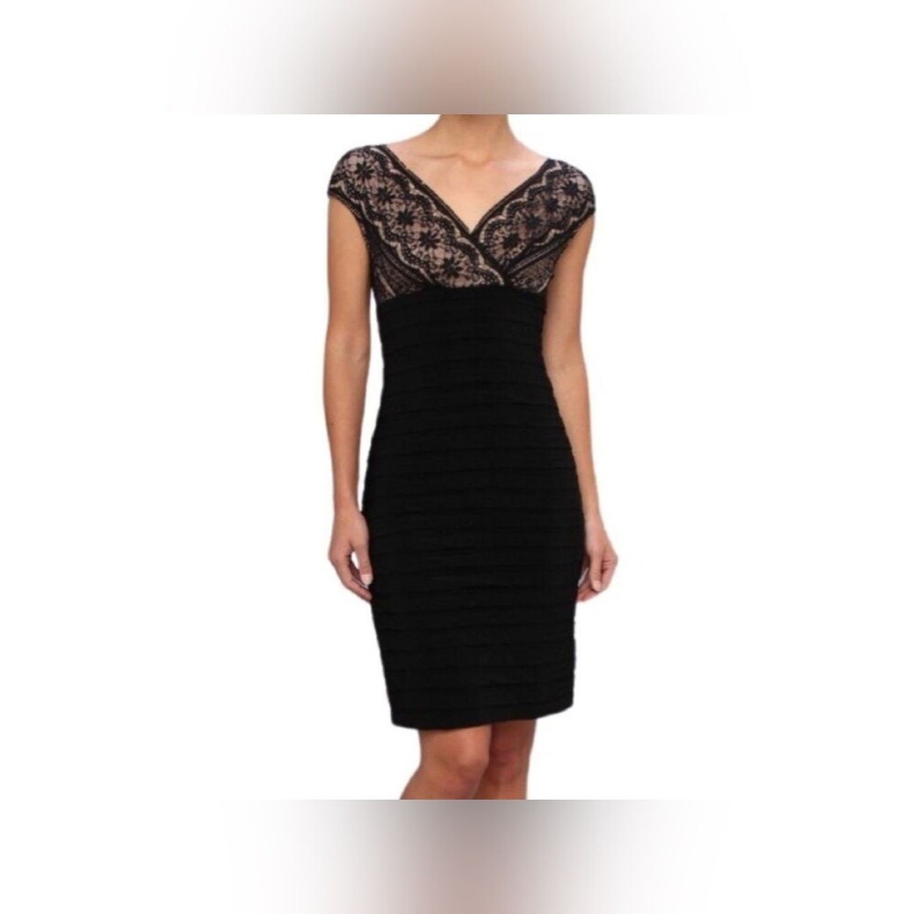 Adrianna Papell Sleeveless Black Dress Nude-lined Lace Bodice V-neckline Sz 8
